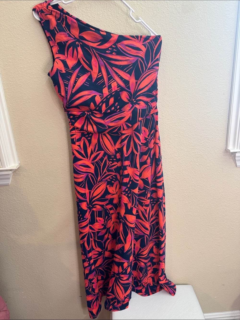 Lands' End One-Shoulder Floral Maxi Dress in Coral and Navy